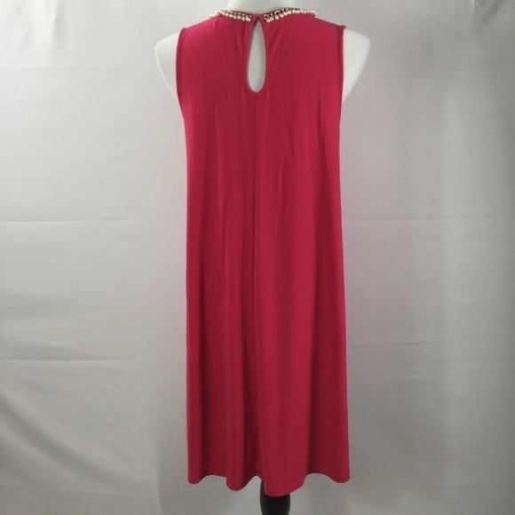 KARL Lagerfeld Pink Sleeveless Swing Trapeze Dress W/Faux Pearl & Chain Neckline - Picture 8 of 16